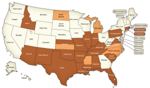 Dark brown states have constitutional or statutory religious exemption law (RFRA) (21 states). Data current as of 10/10/2016